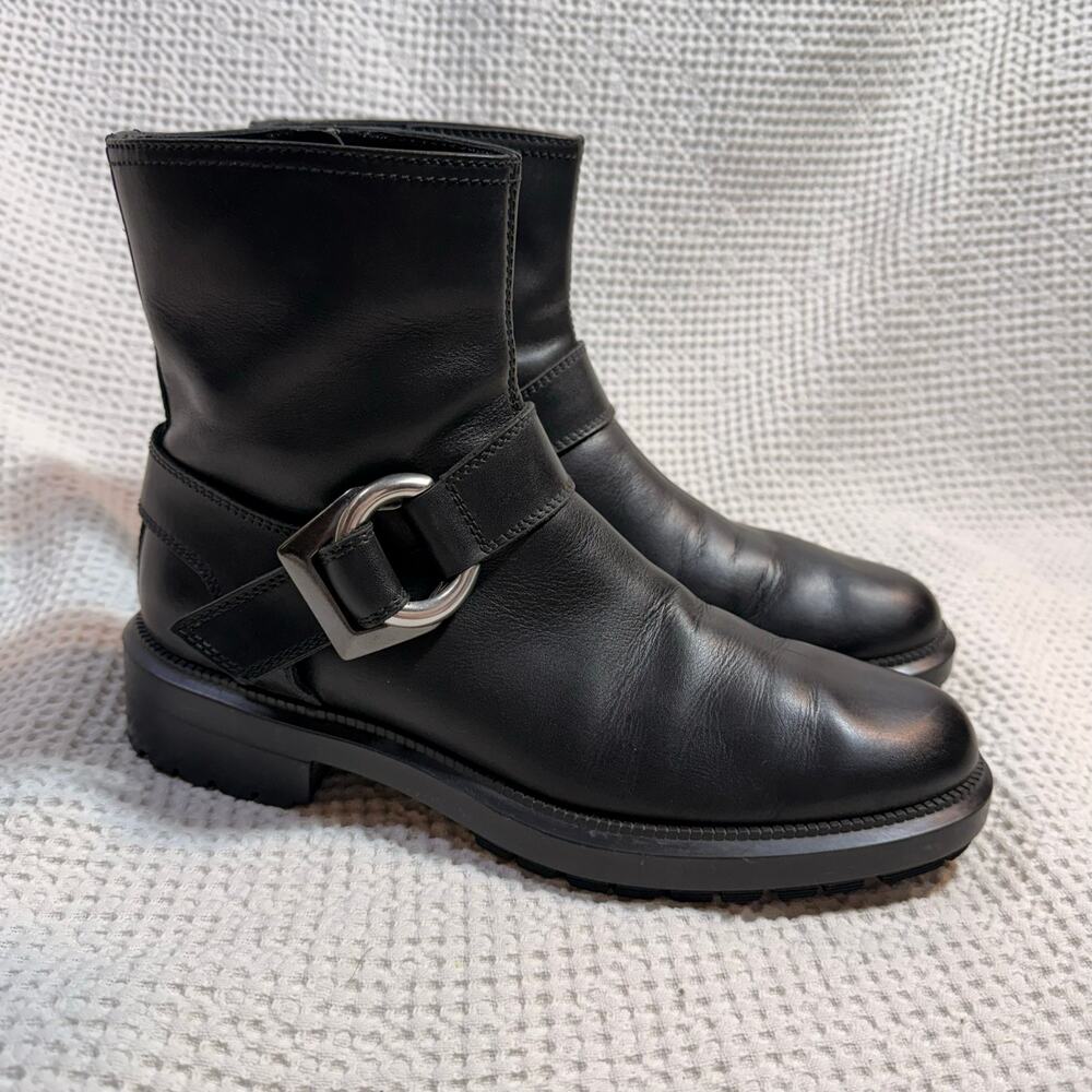 Aquatalia Lexie Lug Sole Moto Hiker Leather Silver Buckle Boot Size 8.5
